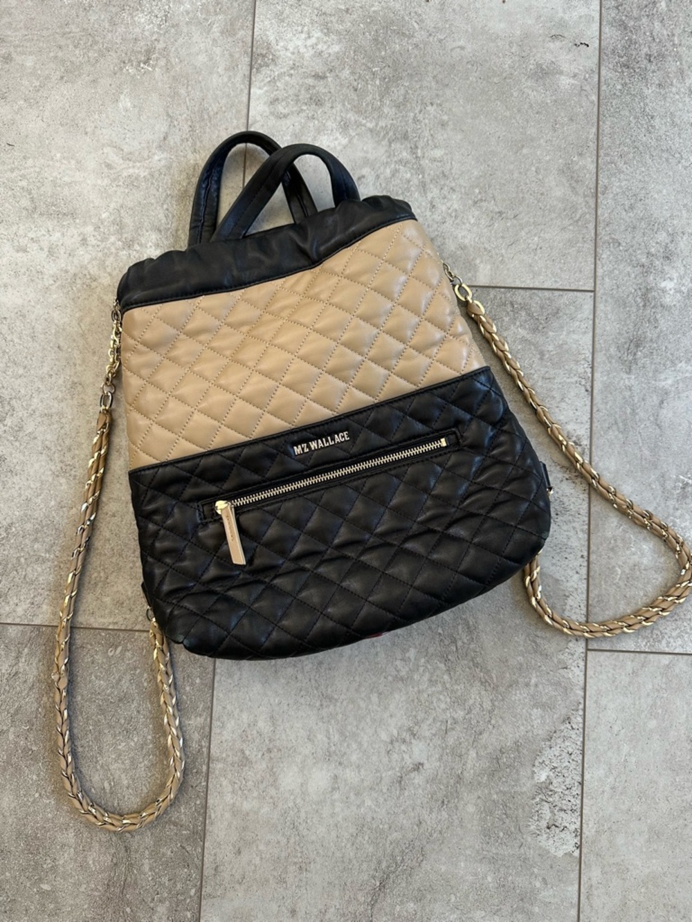 MZ Wallace Quilted Beige and Black Chain-Strap Backpack